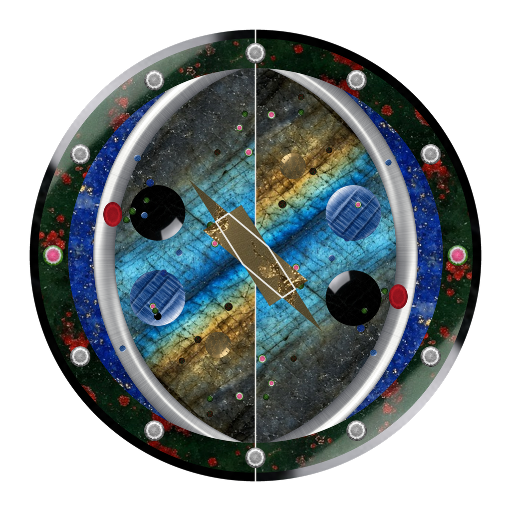 ñü.isheru inlay: the khėnsu.ñü mark in stone and platinum, Triangulum mirrored into a hexagon
